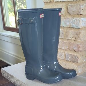 HUNTER I Original Tall Gloss Graphite Blue Grey Welly Rain Boots, US 5 EU 36